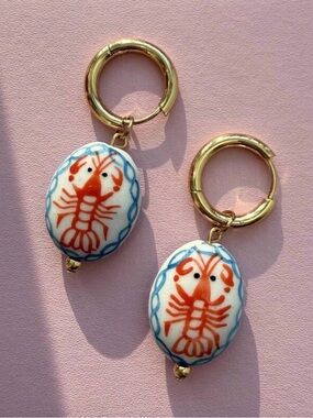 Hand-Painted Lobster Oval Drop Hoop Earrings - White, Red & Blue